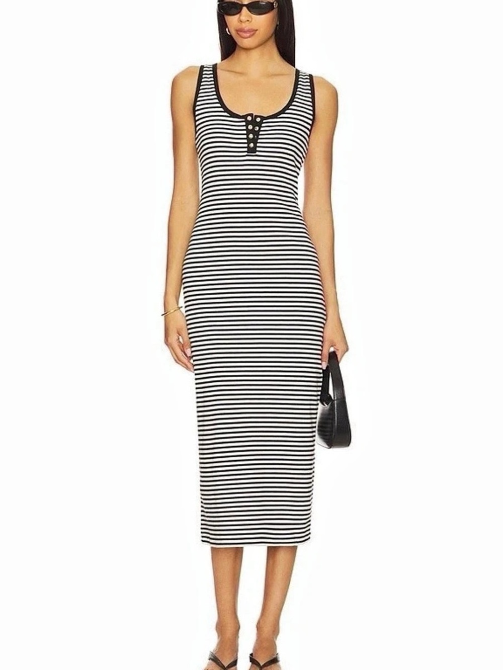 NEW ANINE BING Alessia Tank Midi Dress Cream Black Stripe Henley Ribbed Size Sma